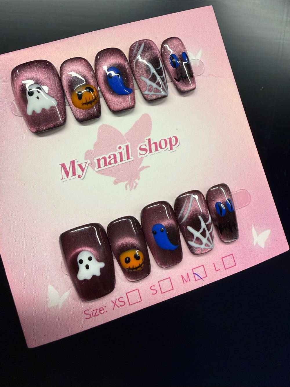 Halloween Ghost & Pumpkin Press-On Nails - Metallic Plum Medium